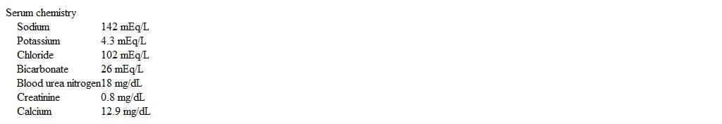 A 54-year-old man comes to the office due to several episodes of coughing up bloody sputum.  The patient has also noticed weight loss, anorexia, constipation, increased thirst, and fatigue.  He smoked 2 packs of cigarettes daily for 32 years but quit last month.  Vital signs are within normal limits.  The patient appears slim and pale.  Physical examination is otherwise normal.  Laboratory results are as follows:   Chest x-ray shows a left-sided hilar mass.  Whole-body bone scan is normal.  Histopathology of the hilar mass is most likely to reveal which of the following? A) Adenocarcinoma of the lung B) Sarcoidosis C) Small cell carcinoma of the lung D) Squamous cell carcinoma of the lung E) Tuberculosis