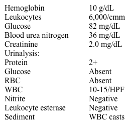 A 55-year-old woman comes to the physician for an annual physical examination.  She has no new complaints, except fatigue.  She has an 8-year history of chronic low back pain; severe degenerative joint disease has been documented on MRI.  She had an anterior wall myocardial infarction four years ago.  Her current medications include naproxen, acetaminophen, oxycodone, aspirin, atenolol, and simvastatin.  Her blood pressure is 130/80 mm Hg and pulse is 72/min.  Laboratory studies show:   Serum protein electrophoresis is negative for monoclonal gammopathy.  Two years ago, her BUN level was 22 mg/dL, and creatinine level was 1.6 mg/dL.  Which of the following is the most likely pathology involved in this patient's renal failure? A) Acute tubular necrosis B) Chronic glomerulonephritis C) Tubulointerstitial nephritis D) Recurrent pyelonephritis
