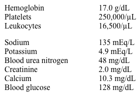 A 65-year-old man comes to the emergency department due to fever, chills, and a productive cough for the past 3 days.  He also has shortness of breath and right-sided chest pain that is worse with deep breathing.  His other medical problems include coronary artery disease, type 2 diabetes mellitus, and hyperlipidemia.  The patient's medications include low-dose aspirin, atorvastatin, metformin, and sitagliptin.  He does not use tobacco, alcohol, or illicit drugs.  His temperature is 39.2 C (102.5 F) , blood pressure is 95/60 mm Hg, pulse is 112/min, and respirations are 24/min.  Oxygen saturation is 96% on room air.  Examination shows dry mucous membranes.  Laboratory results are as follows:   Chest x-ray reveals a right lower-lobe infiltrate.  Blood cultures are obtained and intravenous fluids and antibiotics are administered.  Which of the following is the most appropriate next step in management of this patient? A) Discontinue aspirin B) Discontinue atorvastatin C) Discontinue metformin D) Start intravenous insulin infusion E) Start lisinopril F) Start zoledronic acid