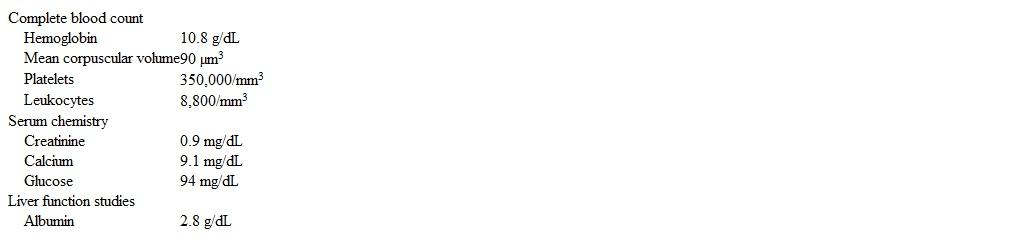 A 72-year-old woman is brought to the office by her daughter for evaluation of leg swelling and fatigue.  The patient recently moved in with her daughter and has not seen a physician in several years.  She has had bilateral lower extremity swelling for the past 3 months.  The patient has had fatigue and joint pains for the past several years, which she attributes to old age.  The daughter states that the patient seems tired all the time, barely eats anything, and  is just not herself.   The patient takes no medication and does not use tobacco, alcohol, or illicit drugs.  Blood pressure is 116/72 mm Hg and pulse is 78/min and regular.  The lungs are clear on auscultation and heart sounds are normal.  The abdomen is soft and nontender.  Examination of the lower extremities reveals 3+ pitting edema.  There are scattered ecchymoses, and hand examination findings are shown in the exhibit.   Laboratory results are as follows:   Urinalysis reveals 4+ protein with no cells or casts.  A renal biopsy of this patient is most likely to show which of the following findings? A) Congo red-positive glomerular deposits B) Glomerular immune deposits and cellular proliferation C) Hyalinization in the arterioles and small arteries D) Marked mononuclear interstitial infiltration E) Urate crystal deposition in the interstitium