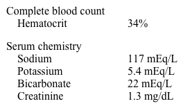 A 67-year-old man with mild chronic obstructive pulmonary disease is brought to the emergency department by his daughter with the chief complaint of seizure.  The patient has had episodes of confusion and lethargy over the past week.  He complains of some exertional shortness of breath and nonproductive cough.  His daughter believes that he is losing weight and has decreased appetite.  His temperature is 37.2 C (99 F) , blood pressure is 134/88 mm Hg, and pulse is 104/min and irregular.  The mucous membranes are moist and there is no peripheral edema.  Neurologic examination is unremarkable.  Laboratory results are as follows:   Rapid correction of this patient's metabolic abnormalities puts him at highest risk of which of the following? A) Cerebral edema B) Embolic stroke C) Hydrocephalus D) Osmotic demyelination E) Ventricular arrhythmias