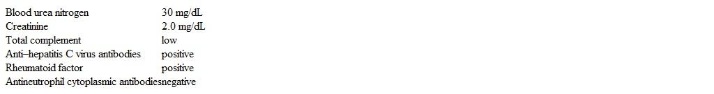 A 50-year-old man comes to the office due to a rash, joint pain, malaise, and fatigue for the past several weeks.  Medical history is significant for intravenous drug use with 5 years of abstinence since participating in a methadone treatment program.  The patient takes no medications.  He does not use alcohol and is a lifetime nonsmoker.  Temperature is 37.7 C (99.9 F) , blood pressure is 165/90 mm Hg, pulse is 80/min, and respirations are 14/min.  Examination shows palpable purpura involving the lower extremities as well as hepatomegaly.  Achilles reflexes are absent.  Urinalysis reveals hematuria, red blood cell casts, and proteinuria.  Laboratory results are as follows:   Which of the following is the most likely diagnosis? A) Immunoglobulin A vasculitis B) Microscopic polyangiitis C) Mixed cryoglobulinemia syndrome D) Rheumatoid arthritis E) Systemic lupus erythematosus