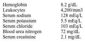 A 52-year-old woman with known liver cirrhosis comes to the emergency department with bright red bleeding per rectum for 2 days.  She also has increasing abdominal distension and discomfort.  The patient has been on daily furosemide and spironolactone as well as water and sodium restriction.  She had variceal banding after an episode of esophageal bleeding due to esophageal varices 3 months ago.  The patient's temperature is 36.5 C (97.7 F) , blood pressure is 91/55 mm Hg, pulse is 116/min, and respirations are 18/min.  Her abdomen is distended and nontender with positive shifting dullness and has normal bowel sounds.  There is 2+ peripheral pitting edema.  Laboratory results are as follows:   After blood transfusion and holding diuretics for a day, the patient's urine output decreases despite adequate intravenous volume resuscitation.  Urine dipstick is negative for protein and blood.  Urine sodium is 5 mEq/L.  Which of the following is the most likely cause of this patient's acute kidney injury? A) Glomerular disease B) Interstitial nephritis C) Obstructive uropathy D) Renal hypoperfusion E) Renal vein thrombosis