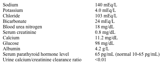 A 20-year-old man is found to have an elevated calcium level on pre-employment screening blood tests.  He feels well and has no polyuria, polydipsia, or constipation.  His medical history is unremarkable.  He takes no prescription medications, although he has been consuming  protein shakes and vitamin supplements  in preparation for running a marathon.  The patient does not use tobacco, alcohol, or illicit drugs.  Temperature is 37 C (98.6 F) , blood pressure is 110/70 mm Hg, and pulse is 82/min.  Physical examination is unremarkable.  Laboratory results are as follows:   Which of the following conditions is most consistent with this patient's findings? A) Familial hypocalciuric hypercalcemia B) Multiple myeloma C) Primary hyperparathyroidism D) Renal cell carcinoma E) Sarcoidosis F) Vitamin D toxicity
