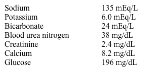 A 66-year-old man comes to the physician for regular follow-up.  He experiences mild fatigue but otherwise has no complaints.  The patient has a history of hypertension, type 2 diabetes mellitus, hyperlipidemia, chronic kidney disease, and ischemic cardiomyopathy.  His temperature is 36.7 C (98 F) , blood pressure is 122/70 mm Hg, and pulse is 82/min.  Physical examination shows moist mucous membranes.  There is a 2/6 holosystolic murmur at the apex that is unchanged from a previous finding.  He has trace bilateral lower-extremity edema.  Laboratory results are as follows:   Two months ago, his creatinine was 2.3 mg/dL.  Electrocardiogram shows normal sinus rhythm without other abnormalities.  Which of the following is the best next step in management of this patient? A) Administer calcium gluconate B) Measure serum renin and aldosterone levels C) Obtain serum ketone levels D) Obtain urinalysis and urine electrolytes E) Review current medications