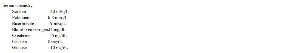 A 58-year-old man with Burkitt lymphoma is admitted to the hospital for chemotherapy.  Medical history includes hypertension, stable angina, and hyperlipidemia.  Two days after starting chemotherapy, the patient reports nausea and generalized weakness.  Laboratory results are as follows:   ECG shows peaked T waves.  In addition to calcium gluconate, which of the following is the best initial therapy for this patient? A) Hemodialysis B) High-dose dextrose alone C) High-dose inhaled beta-2 agonist D) Insulin and glucose E) Intravenous furosemide F) Intravenous sodium bicarbonate