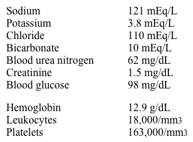 An 83-year-old woman is brought to the emergency department from her nursing home due to poor appetite, fatigue, diarrhea, and confusion.  The patient has a history of moderate dementia, hypertension, mild intermittent asthma, and bilateral knee osteoarthritis.  She was recently hospitalized with pneumonia for which she was treated with broad-spectrum antibiotics.  The patient was discharged to the nursing home in stable condition and had normal laboratory values 2 weeks ago.  Since that time, she has had worsening diarrhea.  The diarrhea is foul-smelling but does not contain any blood.  She has mild abdominal discomfort.  Temperature is 37.6 C (99.7 F) , blood pressure is 96/54 mm Hg, pulse is 112/min, and respirations are 14/min.  She has poor skin turgor.  There is no peripheral edema.  The patient's lungs are clear to auscultation.  The abdomen is soft, but she has mild generalized tenderness without rebound or guarding.  Laboratory results are as follows:   A stool specimen tests positive for Clostridium difficile toxin.  Which of the following is most likely present in this patient? A) High antidiuretic hormone, high urine sodium B) High renin, high aldosterone, high antidiuretic hormone C) High renin, high aldosterone, low antidiuretic hormone D) Low antidiuretic hormone, low urine sodium E) Low renin, low aldosterone, high antidiuretic hormone
