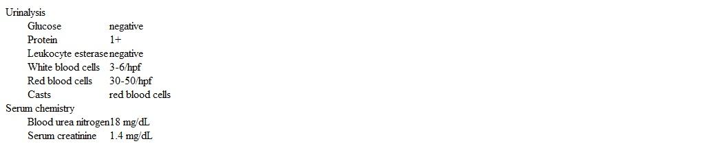 A 22-year-old man comes to the urgent care clinic for evaluation due to dark urine that he noticed earlier this morning.  The patient is recovering from an upper respiratory tract infection that started 3 days ago, for which he has been taking ibuprofen as needed.  Medical and family histories are unremarkable.  Temperature is 37.7 C (99.9 F) , blood pressure is 145/92 mm Hg, pulse is 80/min, and respirations are 14/min.  Physical examination shows no rash or joint abnormalities.  Laboratory results are as follows:   Serum complement levels (C3, C4)  are within normal limits, and other serologic workup is pending.  Which of the following is the most likely diagnosis in this patient? A) Acute interstitial nephritis B) Acute postinfectious glomerulonephritis C) Anti-glomerular basement membrane disease D) Hereditary nephritis E) IgA nephropathy F) Thin basement membrane disease