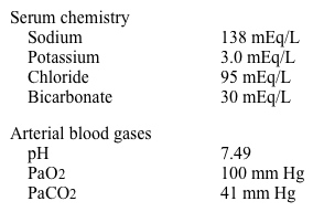 A 43-year-old woman with hepatitis C, alcohol use, and liver cirrhosis is admitted to the hospital for severe vomiting over the last 2 days.  The vomitus has appeared clear with no blood or coffee-ground material.  She feels very weak but has no abdominal pain, fever, or diarrhea.  The patient appears tired on examination.  Temperature is 36.8 C (98.2 F) , blood pressure is 100/70 mm Hg (while supine) , pulse is 90/min, and respirations are 14/min.  Lungs are clear to auscultation.  There is mild epigastric tenderness but no abdominal distension.  Extremities have no edema.  Laboratory results are as follows:   Which of the following is the most appropriate initial treatment for this patient? A) Acetazolamide B) Intravenous normal saline and potassium C) Intravenous sodium bicarbonate and potassium D) Oral lactulose and potassium E) Propranolol F) Spironolactone