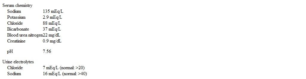 A 32-year-old woman is brought to the emergency department due to weakness, tingling, and numbness in her extremities.  She takes no medications.  Blood pressure is 110/70 mm Hg, pulse is 90/min, and respirations are 14/min.  Physical examination is unremarkable.  Laboratory results are as follows:   Which of the following is the most likely cause of this patient's condition? A) Hypoventilation syndrome B) Persistent diarrhea C) Primary hyperaldosteronism D) Self-induced vomiting E) Type I renal tubular acidosis