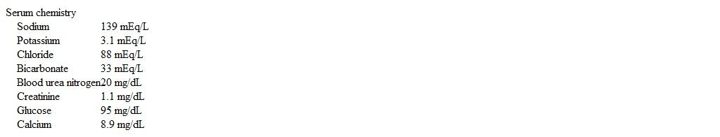 A 32-year-old man comes to the emergency department due to a 12-hour history of poor oral intake and vomiting.  He says that he feels  a little dizzy.   He has had no abdominal pain or diarrhea.  Medical history is unremarkable.  Blood pressure is 110/70 mm Hg while supine and 100/60 mm Hg while sitting.  Pulse is 90/min.  Laboratory results are as follows:   Which of the following is the most likely cause of the decreased chloride level in this patient? A) Gastrointestinal fluid loss B) Bicarbonate reabsorption in the kidney C) Metabolic alkalosis D) Intracellular shift E) Volume depletion F) Hypokalemia