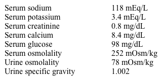 A 33-year-old woman is brought to the emergency department after an episode of generalized tonic-clonic seizures.  She is confused and unable to provide further history.  Review of the medical record indicates that she has schizophrenia but stopped taking all her psychiatric medications 3 weeks ago.  Temperature is 36.7 C (98 F) , blood pressure is 130/76 mm Hg, pulse is 80/min, and respirations are 14/min.  Examination shows normal pupils.  The patient's lungs are clear to auscultation and her heart sounds are normal.  Her abdomen is soft.  Extremities examination shows no edema.  Laboratory results are as follows:   Which of the following is the most likely cause of this patient's electrolyte abnormalities? A) Adrenal insufficiency B) Fluoxetine-mediated hypothalamic antidiuretic hormone production C) Idiopathic central diabetes insipidus D) Idiopathic nephrogenic diabetes insipidus E) Primary polydipsia F) Syndrome of inappropriate antidiuretic hormone secretion due to lung cancer