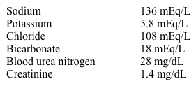 A 66-year-old man comes to the office for a routine visit.  He has no current complaints.  The patient has a history of poorly controlled type 2 diabetes mellitus and hypertension.  His blood work from 2 months ago showed hyperkalemia, and lisinopril was discontinued at that time.  The patient's current medications include glipizide, furosemide, nifedipine, and aspirin.  His blood pressure is 150/90 mm Hg and pulse is 78/min.  Examination is unremarkable.  Repeat blood test results today are as follows:   Which of the following is the most likely cause of this patient's electrolyte abnormalities? A) Furosemide use B) Laxative abuse C) Pre-renal azotemia D) Primary hyperaldosteronism E) Renal artery stenosis F) Renal tubular acidosis G) Surreptitious vomiting