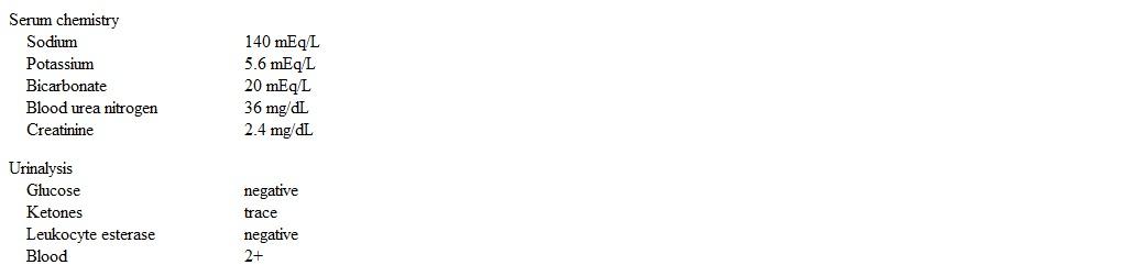 A 60-year-old man is hospitalized with multiple generalized tonic-clonic seizures.  The patient is a heavy alcohol user and has had previous hospitalizations for alcohol withdrawal and alcohol-related seizures.  On the second day of hospitalization, temperature is 37.1 C (98.8 F) , blood pressure is 155/92 mm Hg, pulse is 108/min, and respirations are 14/min.  Examination shows no abnormalities.  Laboratory studies are shown below:   Urine microscopy shows white blood cells 2-5/hpf, red blood cells 0-1/hpf, and some epithelial cells.  Which of the following is the most likely cause of this patient's renal dysfunction? A) Acute interstitial nephritis B) Glomerulonephritis C) Hepatorenal syndrome D) Nephrolithiasis E) Renal artery stenosis F) Rhabdomyolysis G) Urinary tract obstruction