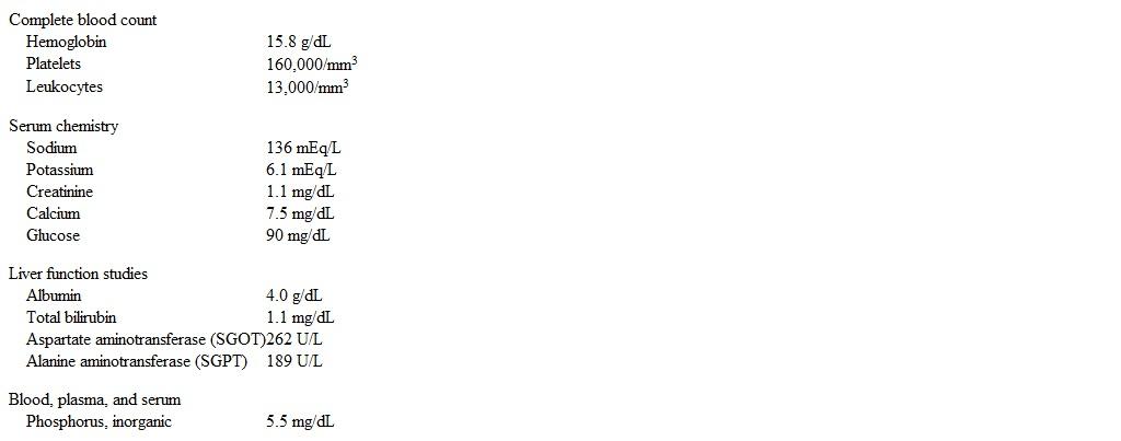 A 32-year-old man with a known history of recreational substance abuse is brought to the emergency department.  The patient was found by a friend on the floor of his apartment with a pool of urine around him.  He has been previously hospitalized for alcohol intoxication.  The patient is confused, not oriented to time or place, and does not recall recent events.  Temperature is 37.3 C (99.1 F) , blood pressure is 90/70 mm Hg, pulse is 67/min, and respirations are 12/min.  He is drowsy and moves all his extremities.  The pupils are small.  Skin is mottled over the upper back, buttocks, and posterior thighs.  Cardiopulmonary examination is normal.  The abdomen is soft and nontender.  Laboratory findings are the following:   Urine toxicology screen is positive for opioids.  Over the next 2 days, this patient is at greatest risk for which of the following? A) Acute kidney injury B) Intracranial hemorrhage C) Necrotizing fasciitis D) Osmotic demyelination syndrome E) Splenic infarction