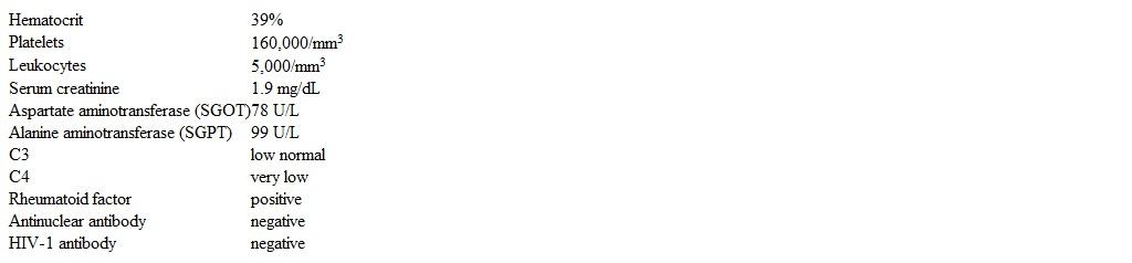 A 45-year-old man comes to the office due to a 2-month history of painless, nonpruritic, purple lesions on his legs.  He has also had progressive fatigue, weakness, and fleeting joint pain in his knees and elbows for the past several months.  The patient has had no fever, weight loss, diarrhea, or abdominal pain.  Temperature is 36.7 C (98.1 F) , blood pressure is 147/91 mm Hg, and pulse is 84/min.  Cardiac examination reveals no murmurs or additional sounds.  There are multiple palpable lesions on both lower extremities that do not blanch with pressure.  Laboratory results are as follows:   Urinalysis shows 3+ blood, 3+ protein, and a few dysmorphic red blood cells.  Which of the following would be most helpful in establishing this patient's diagnosis? A) Biopsy the bone marrow B) Measure ADAMTS13 activity C) Obtain viral hepatitis serologies D) Test for anticardiolipin antibodies