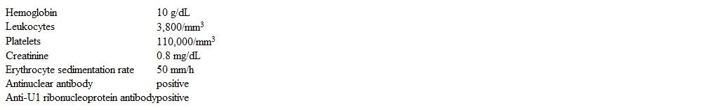 A 22-year-old woman comes to the office due to a 6-month history of progressive pain and swelling of the hands.  She also reports bluish discoloration of the fingers when exposed to the cold and frequent episodes of food getting stuck in her chest while swallowing.  She has no prior medical problems and takes no medications.  The patient does not use tobacco, alcohol, or illicit drugs.  Temperature is 37.1 C (98.8 F) , blood pressure is 120/80 mm Hg, and pulse is 76/min.  There is an erythematous rash over the malar area and nasal bridge.  The skin of her hands appears shiny and thick, with small ulcers at the fingertips.  The hand joints and wrists are swollen and tender.  Laboratory results are as follows:   This patient most likely will exhibit clinical manifestations of which of the following conditions in the future? A) Ankylosing spondylitis B) Granulomatosis with polyangiitis C) Inflammatory bowel disease D) Polymyositis E) Thrombotic thrombocytopenic purpura