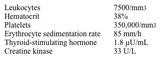 A 70-year-old man comes to the office due to pain and stiffness of his neck, shoulders, and hip region for the last 3 months.  His stiffness is worse in the morning and lasts 1-2 hours.  He also has had general malaise and a recent weight loss of 3.17 kg (7 lb) .  The patient has no headache, scalp tenderness, visual symptoms, or jaw claudication.  Examination shows no overt synovitis at the joints, with normal passive range of motion.  The arteries of the scalp, neck, and extremities are normal on palpation without tenderness.  Laboratory results are as follows:   Which of the following is the most appropriate next step in management of this patient? A) Measure antinuclear antibodies levels B) Recommend low-impact aerobic exercise C) Temporal artery biopsy D) Treatment with low-dose prednisone E) Treatment with nonsteroidal anti-inflammatory drug
