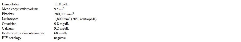 A 76-year-old woman comes to the office for evaluation of leukopenia.  The patient came to the United States to visit her son a month ago and was seen at an urgent care clinic 2 weeks ago for acute sinusitis, where she was found to have leukopenia.  She was prescribed an oral antibiotic, and a repeat blood test was advised.  The patient has had 2 episodes of skin infections over the past 3 months.  She also has had pain and swelling in the joints of her hands and knees for the past several years.  The patient does not use tobacco, alcohol, or illicit drugs.  Temperature is 37.2 C (98.9 F) , blood pressure is 130/80 mm Hg, and pulse is 74/min.  Physical examination shows normal heart and lung sounds, moderate splenomegaly, generalized lymphadenopathy, no sinus tenderness, and well-healing lower extremity ulcerations.  The small joints of the hands are swollen and deformed.  Laboratory results are as follows:   Additional evaluation of this patient is most likely to reveal which of the following? A) Anticitrullinated peptide antibodies B) Decreased vitamin B<sub>12</sub> level C) Hypocellular bone marrow D) Philadelphia (Ph<sup>1</sup>)  chromosome E) Serum monoclonal proteins