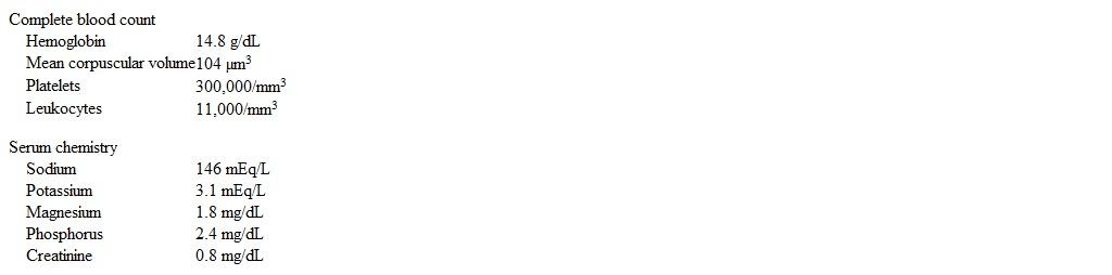 A 34-year-old man is brought to the emergency department due to confusion.  The patient recently lost his job and moved in with his parents yesterday because he could no longer afford housing.  Today, his mother found him disoriented and unsteady.  He has no known chronic medical conditions and takes no medications.  Temperature is 38.5 C (101.3 F) , blood pressure is 164/90 mm Hg, pulse is 108/min, and respirations are 22/min.  The patient appears restless and is constantly picking at the bed linens, yelling,  Get these bugs off me.   The lungs are clear on auscultation, and cardiac examination is unremarkable with the exception of regular tachycardia.  The abdomen is soft and nontender.  No extremity edema is present.  Laboratory results are as follows:   Which of the following would be most helpful to improve this patient's current condition? A) Atypical antipsychotic agent B) Broad-spectrum antibiotic C) Long-acting benzodiazepine D) Thyroid hormone replacement E) Vitamin supplementation