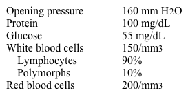 A 26-year-old previously healthy woman is brought to the emergency department after having an episode of seizure 1 hour ago.  She has a 2-day history of fever and headaches, for which she has been taking acetaminophen and ibuprofen without much relief.  This morning, her family found her behaving strangely.  She has no family history of seizures.  There is no recent travel history.  Her temperature is 38.9 C (102 F) , blood pressure is 120/70 mm Hg, pulse is 110/min, and respirations are 18/min.  The patient is lethargic and confused.  Hyperreflexia is present.  Complete blood count and CT scan of the head are unremarkable.  Her cerebrospinal fluid study shows:   Which of the following is the most likely diagnosis in this patient? A) Benign meningioma B) Cryptococcal meningitis C) Glioblastoma multiforme D) Herpes simplex encephalitis E) Intracerebral hemorrhage F) Meningococcal meningitis G) Pneumococcal meningitis H) Subarachnoid hemorrhage I) Tuberculous meningitis