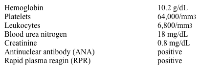 A 32-year-old woman is brought to the hospital due to sudden-onset left-sided weakness.  According to the family, she has had fatigue, malaise, and decreased appetite over the last several weeks.  She attributed these symptoms to a  viral infection  and treated herself with over-the-counter acetaminophen.  Her temperature is 37.4 C (99.4 F) , blood pressure is 140/86 mm Hg, and pulse is 82/min.  The patient appears confused and agitated.  Lungs are clear to auscultation.  A 2/6 holosystolic murmur is heard at the cardiac apex.  Extremity examination reveals left-sided muscle strength is 1/5 with hyperactive deep tendon reflexes.  Babinski sign is present on the left side.  Laboratory results are as follows:   Cerebrospinal fluid cell counts are normal, and cultures are negative.  Which of the following is the most likely diagnosis in this patient? A) Antiphospholipid syndrome B) Multiple sclerosis C) Neurosyphilis D) Polyarteritis nodosa E) Rheumatic fever