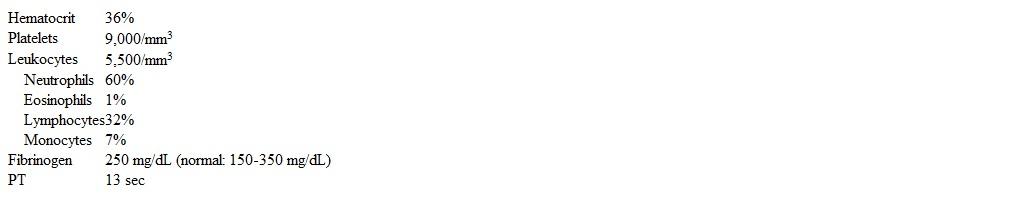 A 17-year-old girl comes to the emergency department due to a nosebleed that began an hour ago after she was hit in the face by a basketball.  She pinched the nostrils for about 20 minutes in an attempt to stop the bleeding, but the hemorrhage continued after pressure was removed.  The patient has a history of heavy, painful menses and takes scheduled ibuprofen for the first few days of her period.  Her last period was a week ago.  Temperature is 37.2 C (99 F) .  Examination shows clear lung fields with normal S1 and S2.  The liver span measures 8 cm along the midclavicular line, and the spleen is not palpable.  Scattered ecchymoses are present on both legs and arms.  Laboratory results are as follows:   Which of the following is the most likely cause of this patient's condition? A) Blocked production of thromboxane A2 B) Bone marrow infiltration by malignant cells C) Decreased circulating von Willebrand protein D) Deficient ADAMTS13 activity E) Hyperactivation of coagulation and fibrinolysis F) Platelet autoantibody production