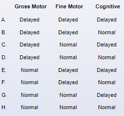 A 6-month-old girl is brought to the office for a routine well-child visit.  The patient has been breastfeeding well and has recently started eating pureed solid foods.  She babbles but does not say  mama  or  dada.   Her 2-year-old brother has a speech delay requiring therapy twice a week.  The patient is at the 40th percentile for length, 50th percentile for weight, and 60th percentile for head circumference.  She cries when the physician picks her up but is easily consoled by her mother.  The patient transfers a toy from her left hand to her right and sits unsupported, but she falls forward after a few seconds.  When her father calls her name, she turns to him and smiles.  She is unable to pull to a stand and does not crawl.  Moro and grasp reflexes are absent.  Firm stroking of the soles of her feet causes the big toes to turn up.  Which of the following is the most appropriate assessment of this child's development?   A) A B) B C) C D) D E) E F) F G) G H) H