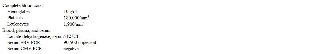 A 6-year-old girl is admitted to the hospital due to a week of fever.  The patient has a history of fulminant viral myocarditis for which she received a cardiac transplant 8 months ago.  Viral studies prior to transplantation were negative for Epstein-Barr virus (EBV)  and cytomegalovirus (CMV) .  She is taking maintenance immunosuppression medications.  Temperature is 38.1 C (100.6 F) , blood pressure is 102/74 mm Hg, pulse is 76/min, and respirations are 22/min.  Heart examination reveals normal S1 and S2 with no S3 or S4 and no murmurs.  Pulses are 2+ in all extremities.  The lungs are clear to auscultation.  There are several enlarged anterior cervical lymph nodes bilaterally.  Laboratory results are as follows:   Echocardiogram shows normal heart structure and function.  A CT scan of the chest reveals scattered bilateral atelectasis and several highly enlarged mediastinal lymph nodes.  Which of the following is the most likely cause of this patient's symptoms? A) Graft versus host disease B) Pneumocystis jiroveci pneumonia C) Proliferation of immortal B cells D) Recurrent viral myocarditis E) Transplant rejection