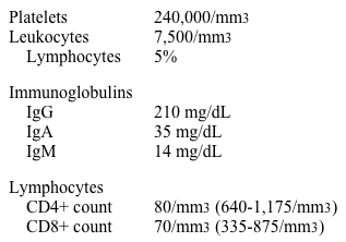A 5-month-old boy is brought to the clinic due to fussiness and fever for 2 days.  His medical history is significant for previous episodes of otitis media, oral candidiasis, and gastroenteritis due to rotavirus.  The patient is at the third percentile for weight.  His temperature is 39.3 C (102.8 F) , pulse is 120/min, respiratory rate is 28/min, and blood pressure is 80/60 mm Hg.  Physical examination shows an erythematous, bulging right tympanic membrane with poor mobility on pneumatic otoscopy.  The lymph nodes are not palpable, and the tonsils are not visualized.  Laboratory results are as follows:   Which of the following is the most likely etiology of this patient's condition? A) Bruton agammaglobulinemia B) Chronic granulomatous disease C) Common variable immunodeficiency D) Severe combined immunodeficiency E) Wiskott-Aldrich syndrome
