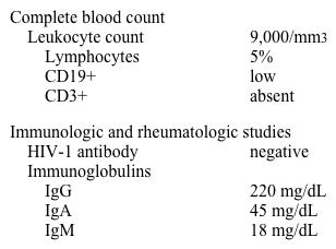 A 1-year-old boy is admitted to the intensive care unit for severe respiratory distress and hypoxia requiring endotracheal intubation and mechanical ventilation.  Medical history shows 2 prior episodes of pneumonia, chronic thrush, and tympanostomy tube placement for recurrent otitis media.  His vaccinations are not fully up to date due to illness at the time of his well visits.  The patient is at the 2nd percentile for height and weight.  Physical examination shows diffuse crackles in both lungs.  Laboratory results are as follows:   Which of the following is the best long-term treatment for this patient? A) Antiretroviral therapy B) Broad-spectrum antibiotics C) Catch-up vaccinations D) Intravenous immunoglobulin E) Stem cell transplantation