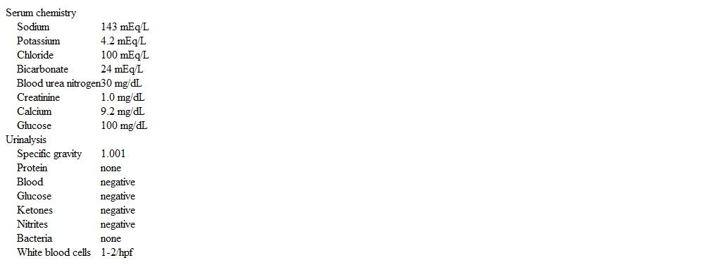 An 8-year-old boy is brought to the office due to a 2-month history of excessive urination.  The parents report that the boy is sometimes irritable and restless and has been drinking excessive amounts of water.  He has had normal growth with achievement of all expected milestones and takes no medications.  The patient's maternal grandfather tends to drink excess amounts of water.  Vital signs reveal tachycardia.  On physical examination, mucous membranes are dry.  Neurologic examination shows no focal deficits.  Laboratory results on a random blood sample are as follows:   Urine osmolality is 120 mOsm/kg H<sub>2</sub>O.  Which of the following is the most appropriate next step in management? A) Chest x-ray B) Fractional excretion of sodium C) MRI of the brain D) Oral glucose tolerance test E) Renal ultrasound F) Water deprivation test