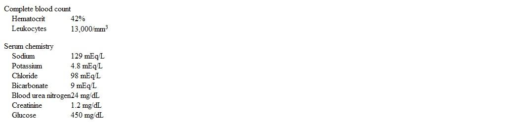 A 12-year-old girl is brought to the emergency department by her parents for assessment of confusion and rapid breathing.  Three days ago the patient developed rhinorrhea, cough, and fever, which have since resolved.  The parents say that over the past 48 hours the patient has had increased urination, abdominal pain, and fatigue progressing to somnolence.  On arrival, the patient's temperature is 36.7 C (98 F) , blood pressure is 110/70 mm Hg, pulse is 138/min, respirations are 36/min, and pulse oximetry is 99% on room air.  On physical examination, she is ill-appearing with tachypnea, subcostal retractions, and dry mucous membranes.  There is diffuse abdominal tenderness without rebound.  Laboratory results are as follows:   Which of the following is most likely decreased in this patient? A) Blood renin activity B) Circulating free fatty acids C) Hypothalamic vasopressin production D) Liver glucose production E) Total body potassium F) Urine solute excretion