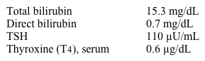 A 2-day-old boy is evaluated in the newborn nursery for jaundice.  He was born to a 24-year-old primigravid woman who is in good health.  The mother consumed a well-balanced diet and took prenatal vitamins throughout the pregnancy.  The infant is breastfeeding poorly, with a weak latch and suck.  On examination, the patient has jaundice, scleral icterus, a large tongue, and a hoarse cry.  His tone is normal but his activity is decreased.  Laboratory results are as follows:   Which of the following is the most likely cause of this infant's condition? A) Defective synthesis of thyroxine B) Iodine deficiency (endemic goiter)  C) Panhypopituitarism D) Thyroid dysgenesis E) Transplacental TSH-receptor antibody