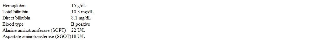 A 3-week-old boy is brought to the office due to worsening jaundice.  A week ago, the parents noticed that the patient's eyes and face looked yellow, and his trunk has become increasingly yellow over the last 2 days.  They describe his stool as consistently pale.  The patient is exclusively breastfed and has been feeding well.  The pregnancy and delivery were uncomplicated.  Maternal blood type is O positive, and routine prenatal studies were normal.  Temperature is 37.2 C (99 F) , pulse is 140/min, and respirations are 50/min.  Capillary refill is <2 seconds.  Examination shows jaundice and hepatomegaly.  Laboratory results are as follows:   Which of the following is the most appropriate diagnostic test? A) Direct antiglobulin test B) Hepatic UDP glucuronosyltransferase activity C) Liver biopsy D) Peripheral blood smear E) Serum alpha-1 antitrypsin level