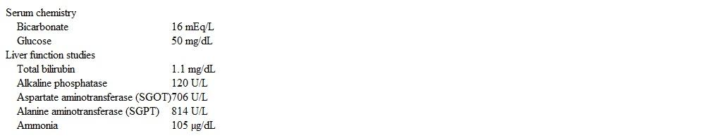 A previously healthy 2-year-old girl is brought to the hospital due to lethargy and confusion for 1 day.  Four days ago, the patient developed fever and nasal discharge.  These symptoms resolved in 2 days, but she has been progressively tired and disoriented for the past day.  The patient's older sister had a cold sore on her lip 2 weeks ago.  Temperature is 37.1 C (98.8 F) .  On examination, she is minimally responsive.  The pupils are equal and have a sluggish reaction to light.  The sclerae are nonicteric, and the neck is supple.  Mild hepatomegaly is present.  Laboratory results are as follows:   CT scan of the head reveals diffuse cerebral edema.  Which of the following is most helpful to establish a diagnosis in this patient? A) History of organophosphate exposure B) Immunization status C) Medication history D) Spinal fluid analysis E) Urine reducing substances