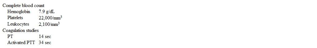 A 1-year-old boy is brought to the emergency department for evaluation of a nosebleed that has been difficult to control.  Since last week, the patient has had bouts of epistaxis that occurred with minimal trauma.  His parents were previously able to control the bleeding episodes by pinching the nose and using ice, but this has not stopped the bleeding today.  Temperature is 37.2 C (99 F)  and pulse is 160/min.  Examination shows an alert child who is well developed, anicteric, and pale.  Examination of the nares shows slow, steady blood flow from the left anterior nasal septum.  Cardiac examination reveals tachycardia.  The abdomen is soft, nontender, and without hepatosplenomegaly.  The skin has multiple ecchymoses over the left shoulder and bilateral lower extremities and many petechiae in the groin.  Laboratory studies are as follows:   Peripheral smear reveals morphologically normal-appearing leukocytes, erythrocytes, and platelets.  Which of the following is the most likely cause of this patient's bleeding? A) Acquired fibrinogen dysfunction B) Circulating thrombocyte removal by macrophages C) Decreased megakaryocyte production D) Diminished liver coagulation factor synthesis E) Microvascular thrombosis with erythrocyte lysis F) Reduction in protein involved in platelet adhesion and aggregation