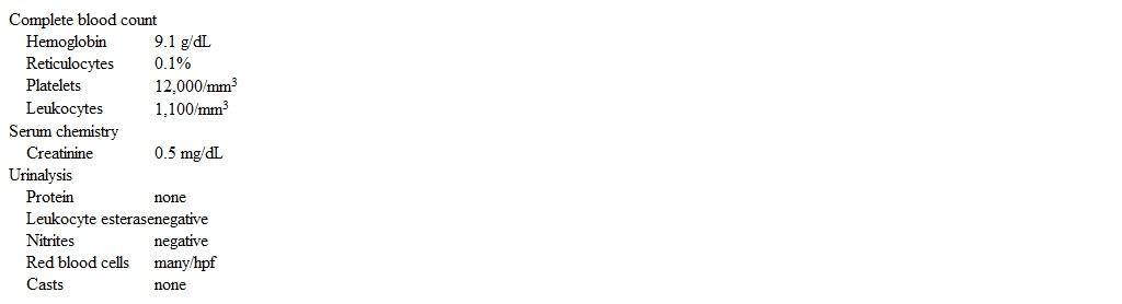 A 5-year-old boy is brought to the emergency department due to an episode of bright-red urine an hour ago.  The boy has no chronic medical conditions, but he had nasal congestion, sore throat, and vomiting last week.  Temperature is 37.1 C (98.8 F) , blood pressure is 108/66 mm Hg, pulse is 110/min, and respirations are 20/min.  The patient is awake and alert.  The oropharynx is unremarkable, and the neck is supple with no lymphadenopathy.  Cardiopulmonary examination is normal, and the abdomen is soft and nontender.  There is no hepatosplenomegaly.  Skin examination shows diffuse flat, red pinpoint macules and raised ecchymoses along the lower extremities and trunk.  Laboratory results are as follows:   Which of the following is most appropriate in management of this patient? A) Abdominal ultrasonography B) Bone marrow evaluation C) Intravenous immunoglobulin therapy D) Plasma exchange E) Renal biopsy F) Serum complement levels