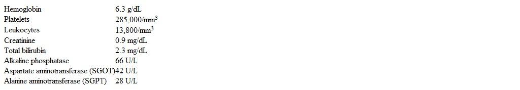 A 5-year-old girl is brought to the emergency department due to 3 days of fever and cough.  Physical examination shows increased respiratory effort and right-sided crackles.  Neutrophilic leukocytosis and a right lower lobe consolidation are present.  The patient is admitted to the hospital, and intravenous ceftriaxone and azithromycin are started.  An hour later, the patient reports upper abdominal discomfort, and the urine is noted to be dark colored.  On repeat examination, the patient appears listless and has tachycardia, tachypnea, and mild upper abdominal tenderness.  Repeat laboratory results are as follows:   Which of the following is most likely to reveal the cause of this patient's deterioration after hospitalization? A) Coombs testing B) CT scan of the abdomen C) Glucose-6-phosphate dehydrogenase level D) Liver ultrasonography E) Serum fibrinogen level