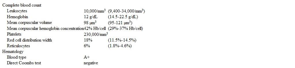 A 6-day-old girl is seen in the newborn unit for persistent jaundice.  She was born at 39 weeks gestation to a primigravid 17-year-old woman with O+ blood type, who had an unremarkable pregnancy and normal prenatal laboratory results.  On the first day of life, the infant developed jaundice on the face that has now spread to below the umbilicus and to the palms.  Phototherapy was initiated, but repeated attempts at stopping therapy have resulted in rebound hyperbilirubinemia.  The infant is feeding well, has normal urine output, and is passing soft, yellow stool.  Temperature is 36.7 C (98 F) .  Vital signs are normal.  On examination, the patient is asleep but easily aroused.  The sclerae are icteric.  The abdomen is soft and nontender, the liver is nonpalpable, and the spleen is enlarged.  The skin shows generalized jaundice.  Laboratory results at 24 hours of life showed hemoglobin of 15.7 g/dL, total bilirubin of 13 mg/dL, and direct bilirubin of 0.2 mg/dL.  Current laboratory results are as follows:   Which of the following is the most likely cause of this patient's anemia? A) Autoantibody-mediated hemolysis B) Decrease in alpha-globin chain production C) Defect of the red blood cell membrane D) Deficiency in erythrocyte glycolytic enzyme E) Impairment of beta-globin chain production F) Incompatibility in maternal-fetal blood types G) Limited intestinal absorption of folic acid