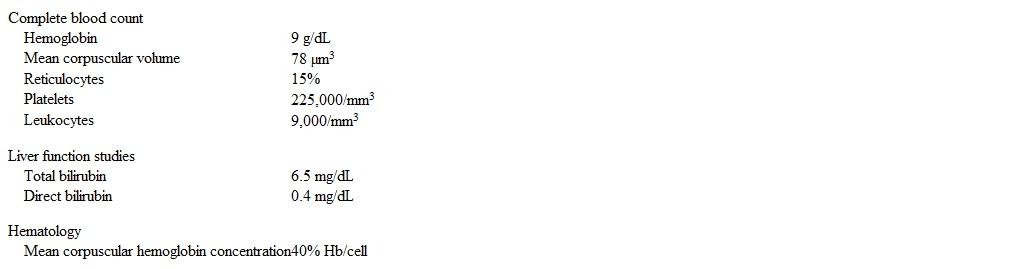 A 4-week-old girl is brought to the clinic for post-hospitalization follow-up.  Her mother moved from Greece to the United States for a diplomatic position a few months prior to giving birth.  The patient was born at term, and the mother's prenatal course and delivery were uncomplicated.  Due to hyperbilirubinemia, the patient was in the nursery for 3 weeks of phototherapy.  Bilirubin was normal at discharge.  Since discharge, the girl's skin and eyes have remained yellow.  Maternal blood type is AB, Rh-D positive.  Infant blood type is A, Rh-D positive.  The patient has been breastfeeding exclusively.  Weight and length were at the 50th percentile at 2 weeks of age and remain at the 50th percentile today.  Laboratory results today are as follows:   Which of the following is the most likely cause of this patient's condition? A) ABO incompatibility B) Beta thalassemia C) Breastfeeding failure jaundice D) Glucose-6-phosphate dehydrogenase deficiency E) Hereditary spherocytosis