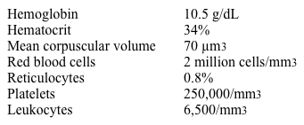 A previously healthy 1-year-old girl is brought in for a routine evaluation.  She drinks 6 glasses of whole milk a day but is a very picky eater.  The girl is otherwise developmentally appropriate.  She lives with her parents and pet dog in a house built in 2008.  The patient's height and weight are at the 50th percentile for her age and sex.  Temperature is 37 C (98.6 F) , pulse is 118/min, and respirations are 21/min.  Her physical examination is unremarkable.  Complete blood count results are as follows:   Which of the following is the most appropriate next step in management of this child? A) Blood transfusion B) Colonoscopy C) Hemoglobin electrophoresis D) Oral iron therapy E) Serum creatinine