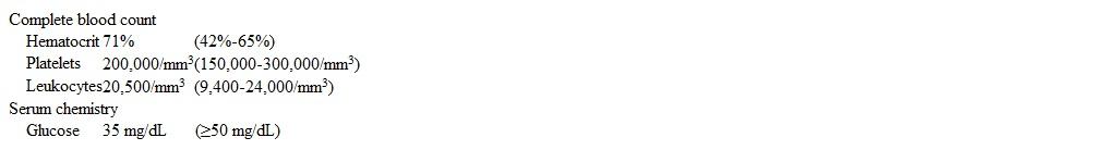 A 6-hour-old girl is evaluated in the newborn nursery due to respiratory distress.  She was born at 37 weeks gestation via spontaneous vaginal delivery after induction of labor for preeclampsia with severe features.  Since birth, the baby has not been able to feed due to tachypnea.  Birth weight is at <3rd percentile for gestational age.  Temperature is 37.2 C (99 F)  and blood pressure is normal.  Pulse oximetry is 96% saturation on room air.  Examination reveals a plethoric infant.  The head is normocephalic with an open and flat anterior fontanelle.  Cardiac examination reveals sinus tachycardia and no murmurs.  Pulmonary examination reveals tachypnea; breath sounds are clear throughout, and there are no retractions.  The infant has normal female infantile genitalia.  Chest x-ray shows clear lung fields and a normal cardiac silhouette.  Laboratory results are as follows:   Which of the following is the most likely cause of this patient's symptoms? A) Congenital adrenal hyperplasia B) Cyanotic heart disease C) Dehydration D) Glycogen storage disease E) Polycythemia F) Transient tachypnea of the newborn