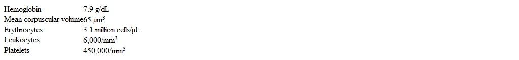 A 13-year-old girl is brought to the clinic by her mother because the girl has been increasingly tired over the last several months.  The patient's family is from Greece, and her mother and maternal uncles have chronic anemia.  Menarche was 1 year ago.  Menses occur regularly each month, lasting 5-6 days with heavy bleeding and passage of clots, requiring her to wake up multiple times each night to change pads.  The patient is a vegetarian but occasionally eats eggs.  Her family lives in a neighborhood that was built in the 1980s.  Vital signs are normal.  The patient appears pale.  The lungs are clear to auscultation.  A soft systolic ejection murmur is heard in the pulmonic area.  S1 and S2 are normal, and diastole is quiet.  The remainder of the physical examination is normal.  Complete blood count shows:   Which of the following is the best next step in evaluation of this patient? A) Bone marrow evaluation B) Hemoglobin electrophoresis C) Iron studies D) Lead level E) Vitamin B<sub>12</sub> level