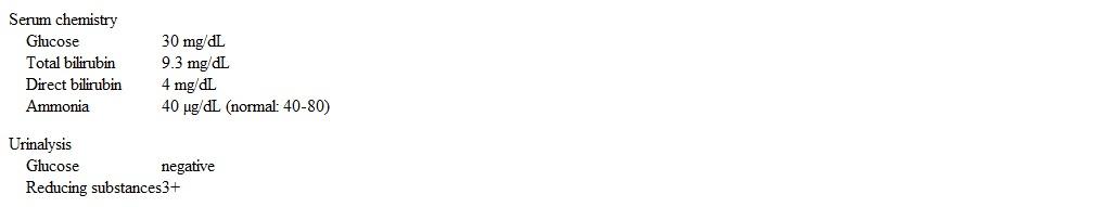 A 3-day-old boy is brought to the emergency department for evaluation of vomiting and abnormal movements.  The patient's arms and legs began rhythmically jerking about 20 minutes ago.  The movements were symmetric and lasted for a minute.  He has also had persistent vomiting today, especially after feeding, and had an episode of loose, nonbloody stool.  The patient was born at term after an uncomplicated pregnancy and is exclusively breastfed.  Temperature is 37.1 C (98.8 F) .  Examination shows a lethargic newborn with diffuse hypotonia as well as jaundice.  The liver edge is palpable.  Laboratory results are as follows:   Which of the following is the most likely diagnosis in this patient? A) Biliary atresia B) Breastfeeding failure jaundice C) Galactosemia D) Glycogen storage disease E) Urea cycle defect