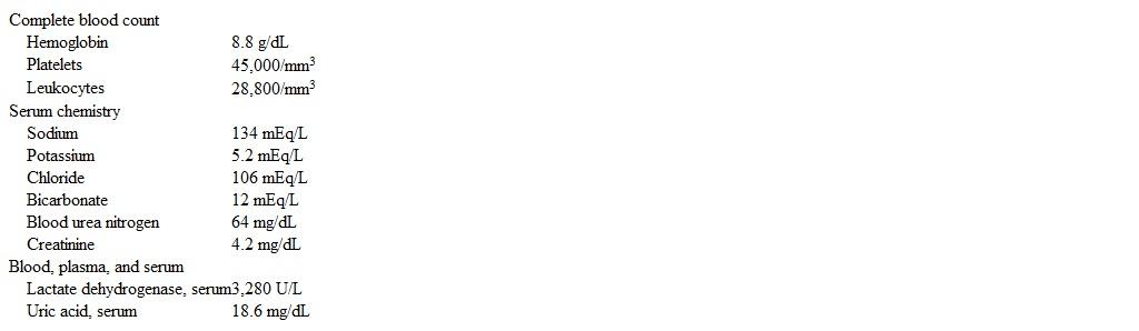 A 12-year-old boy is brought to the office by his mother due to skin bruising, muscle aches, and fatigue.  She is concerned that these symptoms are due to him being bullied at school, which the boy denies.  He has also had significant nausea over the last week but has maintained adequate oral intake.  The patient has no chronic medical conditions.  Examination reveals mucosal pallor and numerous ecchymoses on the bilateral extremities.  Laboratory results are as follows:   Peripheral blood smear reveals significant immature myeloid cells.  Which of the following is the most likely underlying cause of this patient's acute renal failure? A) Amyloid deposition B) Interstitial nephritis C) Light-chain cast formation D) Proliferative glomerulonephritis E) Tubular obstruction F) Urethral obstruction