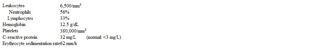 A 5-year-old girl is brought to the clinic with joint pain and rash.  Last week, the patient developed pain in her knees.  The pain resolved after a few days, but now her ankles and wrists are tender.  She has also developed a nonpruritic, pink rash on her back.  The patient had previously been healthy except for a sore throat a few weeks ago that resolved on its own.  Temperature is 38.3 C (101 F) , pulse is 85/min, and respirations are 20/min.  Cardiac examination is normal.  The lungs are clear to auscultation.  The wrists and ankles are stiff and tender to manipulation.  Multiple large, well-demarcated, erythematous, nonpruritic patches with a slightly raised outline are present on the trunk and proximal limbs.  Laboratory results are as follows:   Which of the following is the most likely diagnosis in this patient? A) Acute rheumatic fever B) Henoch-Schönlein purpura C) Lyme disease D) Systemic juvenile idiopathic arthritis E) Systemic lupus erythematosus