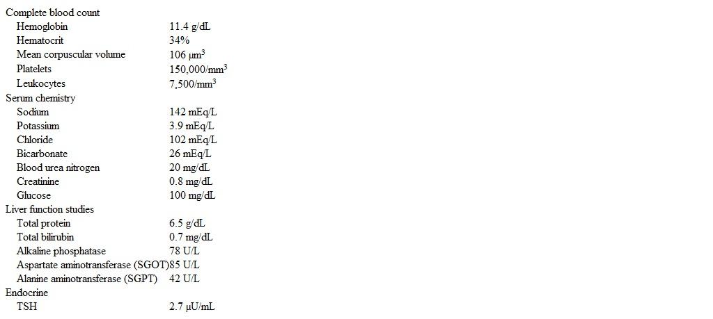 <strong>A 55-year-old woman comes to the office due to insomnia and fatigue that began shortly after her divorce was finalized a year ago.  The patient used to sleep 7-8 hours without difficulty; however, over the past year she has had increasing difficulty falling asleep and started drinking 2-3 glasses of wine before bedtime to help.  Despite falling asleep more quickly, she has recently started to regularly wake up around 3:00 AM.  Her symptoms have progressively worsened and she now lies awake for several hours in the middle of the night, thinking and worrying about her future, but she rarely experiences anxiety during the day.  She reports mild difficulty with concentration and no change in appetite.  The patient experiences occasional brief sadness and loneliness.  She has recently started showing up late for work and has stopped attending her weekly exercise class.  Medical history includes hypothyroidism, treated with levothyroxine, and gastroesophageal reflux disease, diagnosed 3 months ago and treated with ranitidine.  Temperature is 37.2 C (99 F), blood pressure is 140/90 mm Hg, pulse is 90/min, and respirations are 12/min.  Physical examination shows a mild tremor but no other abnormalities.  Laboratory results are as follows:   Which of the following is the most likely diagnosis in this patient?</strong> A)Adjustment disorder B)Alcohol use disorder C)Anxiety disorder due to another medical condition D)Generalized anxiety disorder E)Insomnia disorder F)Persistent depressive disorder (dysthymia) <div style=padding-top: 35px> 