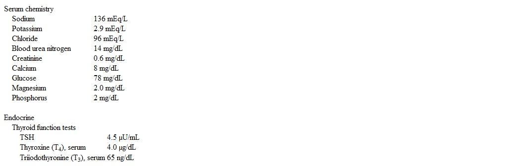 <strong>A 19-year-old woman comes to the university health center due to feeling cold all the time.  She wears sweaters despite the warm weather and sleeps with multiple blankets at night.  The patient also states that she has had difficulty losing weight and wonders if a thyroid problem could be causing her symptoms.  She says, I go to the gym at least 5 times a week, but I feel like I'm stuck at the same weight.  I've even cut bread from my diet because it was making me constipated.  Menarche was at age 12, and the patient's last menstrual period was 2 months ago.  Family history is significant for Graves disease in her mother and Sjögren syndrome in her maternal grandmother.  Temperature is 36.2 C (97.2 F), blood pressure is 80/50 mm Hg, pulse is 38/min, and respirations are 16/min.  BMI is 15 kg/m<sup>2</sup>.  The patient is alert and cooperative but appears tired.  Laboratory results are as follows:   Oral electrolyte supplements are administered.  Which of the following is the best next step in management?</strong> A)Administer fluoxetine B)Administer levothyroxine C)Administer low-dose olanzapine D)Admit to hospital E)Refer for cognitive-behavioral therapy, with follow-up in 2 weeks F)Refer for nutritional rehabilitation, with follow-up in 2 weeks <div style=padding-top: 35px> 