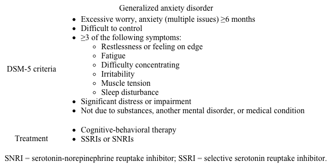 B Explanation:   This patient's pain, <strong>insomnia</strong>, <strong>fatigue</strong>, and poor concentration are consistent with <strong>generalized anxiety disorder (GAD)</strong>.  Although <strong>excessive worry</strong> about <strong>multiple issues</strong> is the key symptom in GAD, patients frequently come to their primary care provider with <strong>somatic symptoms</strong>, including fatigue and physical symptoms related to <strong>muscular tension</strong> (eg, headaches; neck, shoulder, and back pain).  Other physical manifestations of anxiety commonly seen in GAD include trembling, sweating, and gastrointestinal symptoms. GAD typically has a lifelong, chronic course, with symptom severity increasing during periods of stress, as in this patient.  GAD is effectively treated with a <strong>serotonergic antidepressant</strong>, <strong>cognitive-behavioral therapy</strong> (CBT), or a combination of the two. <strong>(Choice A)</strong>  Benzodiazepines are generally reserved for patients whose GAD symptoms persist despite treatment with a serotonergic antidepressant.  These drugs are also less preferred in patients who have used alcohol to self-medicate.  Supportive psychotherapy can be helpful but is not as effective as CBT. <strong>(Choice C)</strong>  An imaging study would be low yield in this patient, who has a known history of tension headaches, a common physical manifestation of GAD, and no focal neurological signs on examination. <strong>(Choice D)</strong>  Pheochromocytoma may cause anxiety.  However, it is a rare disease that typically presents with paroxysmal symptoms and would not explain this patient's chronic anxiety about multiple issues. <strong>(Choice E)</strong>  Acute intermittent porphyria can result in autonomic arousal (eg, tachycardia, hypertension, sweating) as well as anxiety, but these symptoms tend to occur in acute attacks accompanied by neuropathy (eg, weakness, numbness) and severe abdominal pain. <strong>(Choices F and G)</strong>  Reassurance that serious medical illness has been ruled out and regularly scheduled visits are appropriate interventions for patients with somatic symptom disorder.  In contrast to the generalized worries seen in GAD, patients with somatic symptom disorder have anxiety that specifically revolves around their somatic symptoms with the fear that they have a serious medical illness.  This patient's somatic symptoms are a manifestation of GAD and should improve with effective treatment. <strong>Educational objective:</strong> Generalized anxiety disorder is characterized by excessive and persistent worry about multiple issues.  Patients frequently come to their primary care provider with insomnia, fatigue, and physical symptoms related to muscular tension. References: Diagnosis and management of generalized anxiety disorder and panic disorder in adults. (http://www.ncbi.nlm.nih.gov/pubmed/25955736) The network structure of major depressive disorder, generalized anxiety disorder and somatic symptomatology. (http://www.ncbi.nlm.nih.gov/pubmed/27523095)